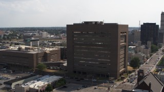 DX0002_184_004 - 5.7K aerial stock footage of approaching the county courthouse in Downtown Memphis, Tennessee