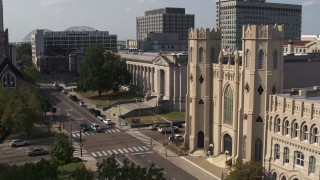 DX0002_184_028 - 5.7K aerial stock footage of courthouse and church in Downtown Memphis, Tennessee