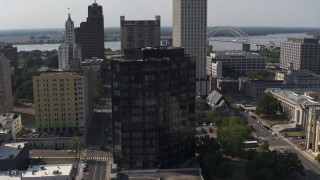 DX0002_184_031 - 5.7K aerial stock footage orbit and approach courthouse and office building in Downtown Memphis, Tennessee