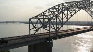 DX0002_185_014 - 5.7K aerial stock footage of traffic on the Tennessee side of the bridge near Memphis