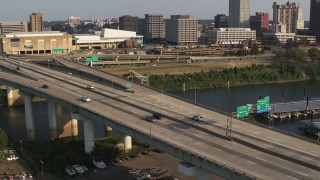 DX0002_185_019 - 5.7K aerial stock footage of a static view of traffic on the bridge in Memphis, Tennessee