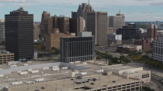 DX0002_190_004 - 5.7K aerial stock footage approach and flyby hotel with view of skyscrapers, Downtown Detroit, Michigan