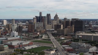 DX0002_190_018 - 5.7K aerial stock footage a wide view of the towering skyscrapers in the city's skyline, Downtown Detroit, Michigan