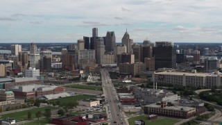 DX0002_190_021 - 5.7K aerial stock footage flyby the towering skyscrapers in the downtown skyline, Downtown Detroit, Michigan