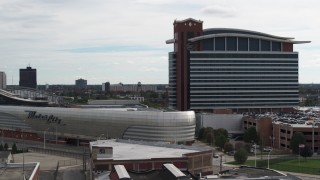 DX0002_190_027 - 5.7K aerial stock footage orbit of the MotorCity Casino Hotel in Detroit, Michigan