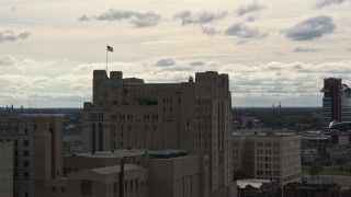 DX0002_190_045 - 5.7K aerial stock footage approach and orbit the Detroit Masonic Temple building, Detroit, Michigan