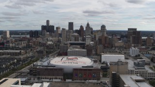 DX0002_191_002 - 5.7K aerial stock footage a wide view of the city's downtown skyline and arena, Downtown Detroit, Michigan