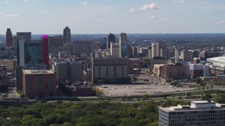 DX0002_194_032 - 5.7K aerial stock footage flyby jail and courthouse, reveal hotel and casino Downtown Detroit, Michigan