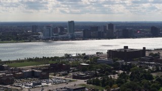 DX0002_194_038 - 5.7K aerial stock footage of the skyline of Windsor, Ontario, Canada across the Detroit River