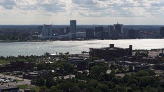 DX0002_194_039 - 5.7K aerial stock footage of the skyline of Windsor, Ontario, Canada seen from Detroit side of the river