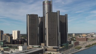 DX0002_196_021 - 5.7K aerial stock footage approach and orbit GM Renaissance Center in Downtown Detroit, Michigan