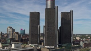 DX0002_196_022 - 5.7K aerial stock footage approach and circle GM Renaissance Center in Downtown Detroit, Michigan