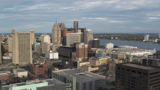 DX0002_196_037 - 5.7K aerial stock footage of a stationary view of a group of skyscrapers in Downtown Detroit, Michigan