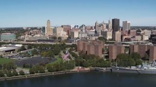 DX0002_200_012 - 5.7K aerial stock footage of the city's skyline and apartment buildings seen from the river, Downtown Buffalo, New York