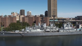 DX0002_200_017 - 5.7K aerial stock footage of orbiting the USS Little Rock in Downtown Buffalo, New York