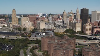 DX0002_201_001 - 5.7K aerial stock footage focus on County and City Hall. in the city's skyline, Downtown Buffalo, New York
