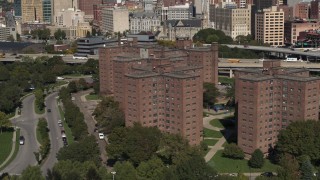 DX0002_201_005 - 5.7K aerial stock footage descend past Marine Drive Apartments, Downtown Buffalo, New York
