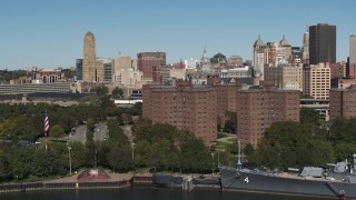 DX0002_201_006 - 5.7K aerial stock footage orbit Marine Drive Apartments and reveal skyline, Downtown Buffalo, New York