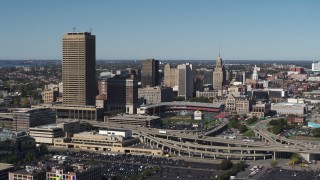 DX0002_201_009 - 5.7K aerial stock footage fly away from Seneca One Tower and Sahlen Field, Downtown Buffalo, New York