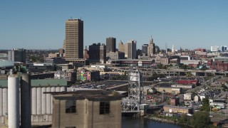 DX0002_201_014 - 5.7K aerial stock footage a view of the city's skyline from the river, Downtown Buffalo, New York
