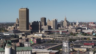DX0002_201_029 - 5.7K aerial stock footage of passing by the city's skyline behind Sahlen Field baseball stadium, Downtown Buffalo, New York