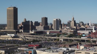DX0002_201_031 - 5.7K aerial stock footage of the city's skyline behind baseball stadium, Downtown Buffalo, New York