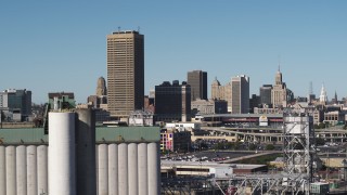 DX0002_201_033 - 5.7K aerial stock footage of the city's skyline and baseball stadium, seen from grain elevators, Downtown Buffalo, New York