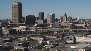 DX0002_201_040 - 5.7K aerial stock footage of the baseball stadium and skyline in Downtown Buffalo, New York