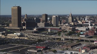 DX0002_201_042 - 5.7K aerial stock footage stationary view of the baseball stadium and skyline in Downtown Buffalo, New York