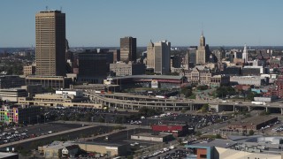 DX0002_201_045 - 5.7K aerial stock footage the baseball stadium and skyline during descent in Downtown Buffalo, New York