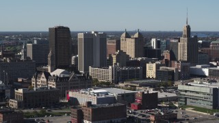 DX0002_202_004 - 5.7K aerial stock footage of approaching office tower near Erie Community College, Downtown Buffalo, New York