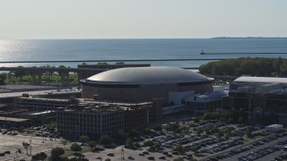 DX0002_202_010 - 5.7K aerial stock footage of approaching KeyBank Center arena, Downtown Buffalo, New York