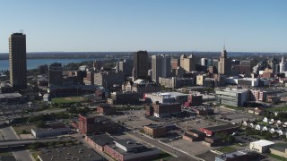 DX0002_202_014 - 5.7K aerial stock footage approach Erie Community College, baseball stadium, office towers in Downtown Buffalo, New York