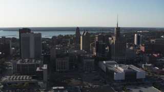 DX0002_203_001 - 5.7K aerial stock footage of flying away from office towers in Downtown Buffalo, New York