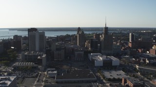 DX0002_203_002 - 5.7K aerial stock footage of flying by office towers in Downtown Buffalo, New York