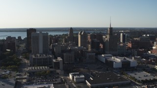 DX0002_203_003 - 5.7K aerial stock footage of orbit and approach office towers in Downtown Buffalo, New York