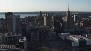 DX0002_203_004 - 5.7K aerial stock footage of orbit and fly away from office towers in Downtown Buffalo, New York