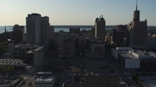 DX0002_203_014 - 5.7K aerial stock footage flyby and away from three tall office towers in Downtown Buffalo, New York