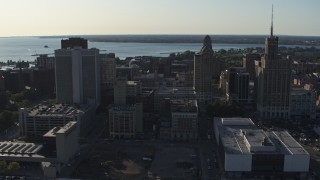 DX0002_203_016 - 5.7K aerial stock footage of three tall office towers in Downtown Buffalo, New York