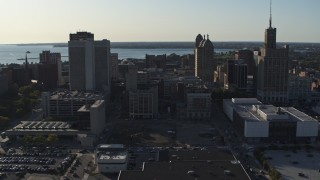 DX0002_203_017 - 5.7K aerial stock footage of three tall office towers, seen during descent in Downtown Buffalo, New York