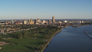 DX0002_203_018 - 5.7K aerial stock footage of a wide view of the city skyline in Downtown Buffalo, New York