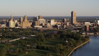 DX0002_203_031 - 5.7K aerial stock footage of the city's skyline at sunset, Downtown Buffalo, New York