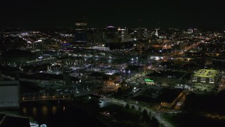 DX0002_205_001 - 5.7K aerial stock footage of flying by the city skyline at night, Downtown Buffalo, New York