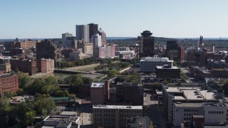 DX0002_206_042 - 5.7K aerial stock footage descend while focused on skyline and office tower, Downtown Rochester, New York