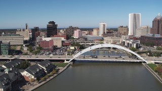 DX0002_207_018 - 5.7K aerial stock footage fly away from bridges over Genesee River in Downtown Rochester, New York