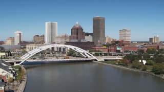 DX0002_207_023 - 5.7K aerial stock footage approach the skyline and Douglass-Anthony Bridge in Downtown Rochester, New York