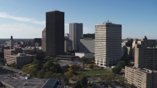 DX0002_208_001 - 5.7K aerial stock footage of Xerox Tower and Five Star Bank Plaza in Downtown Rochester, New York