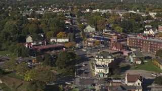DX0002_208_028 - 5.7K aerial stock footage flying away from the intersection of Main and Union Streets in Rochester, New York