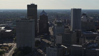DX0002_208_032 - 5.7K aerial stock footage of flying by skyscrapers and office towers in Downtown Rochester, New York