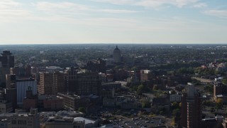 DX0002_208_036 - 5.7K aerial stock footage wide view of Kodak Tower seen from buildings in Downtown Rochester, New York